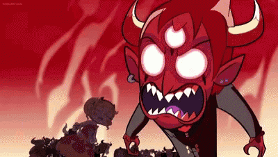 a cartoon character with horns and three eyes is standing next to a girl in a red dress .