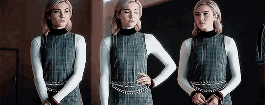 three images of a woman in a plaid dress standing next to each other