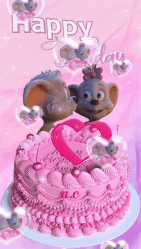 a pink cake with two mice on it and the words happy day