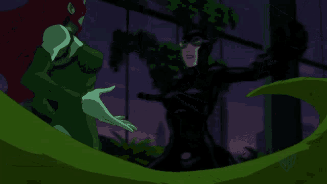 poison ivy and catwoman are standing next to each other in a cartoon scene