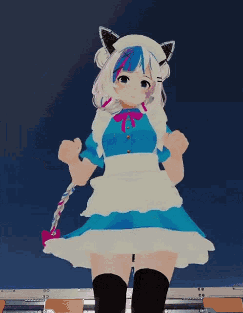 a girl in a maid outfit is giving a peace sign