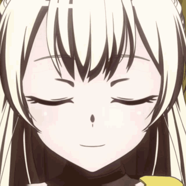 a close up of a blonde anime girl with her eyes closed