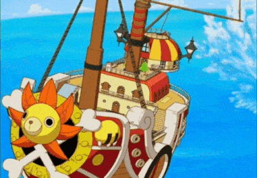 a cartoon drawing of a ship with a sun on the front