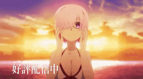 a girl in a bikini is standing in front of a sunset with chinese writing .
