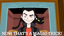 a cartoon of a man with a black cat behind him and the words now that 's a magic trick
