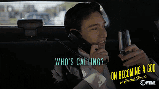 a man in a car talking on a phone with the words who 's calling on it