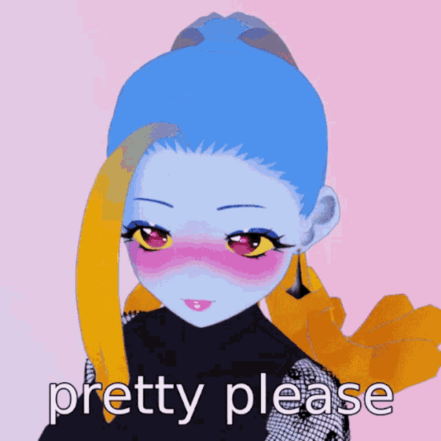 a girl with blue hair says pretty please on her face