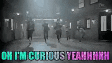 a group of people are running down a hallway with the words `` oh i 'm curious yeahhhhh '' written on the bottom