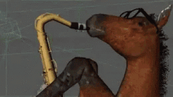 a horse is playing a saxophone in a field in front of a red barn