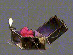 a pink monster is standing in a suitcase