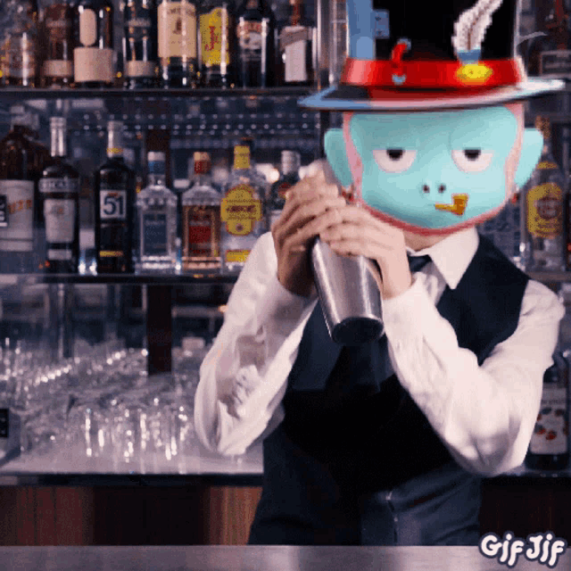 a bartender wearing a top hat is shaking a drink in front of a shelf with bottles of alcohol including 51
