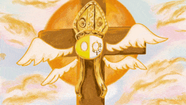 a drawing of a cross with wings and a gold hat
