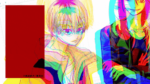 a colorful drawing of a boy and a girl with chinese writing on the bottom right
