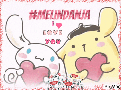 a picture of a bunny and a pompompurin holding hearts with the words " i love you " above them