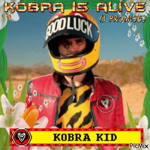 a picture of a man wearing a helmet and a red jacket with the caption kobra is alive