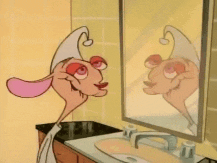 a cartoon character looking at his reflection in a mirror