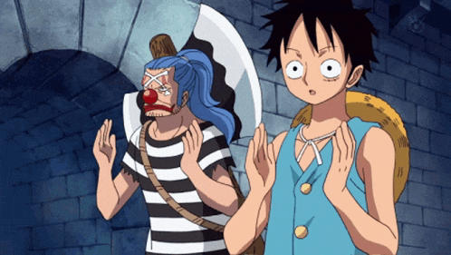 a man with a clown mask on his face stands next to a man with a monkey d luffy on his back