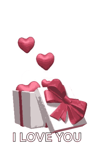 a white gift box with a red ribbon and hearts coming out of it .