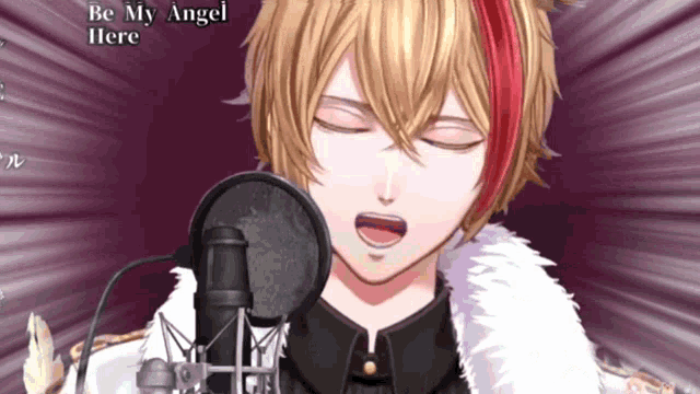 a man singing into a microphone with the words be my angel here on the bottom