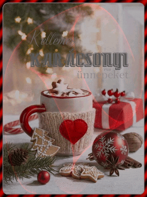 a christmas greeting card with a cup of hot chocolate and gingerbread cookies