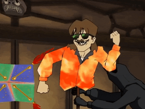 a cartoon of a man wearing an orange jacket