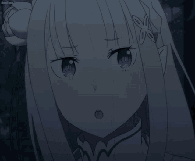 a close up of a girl with purple eyes and a 9anime.jp logo