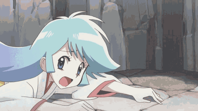 a cartoon girl with blue hair is laying on the floor