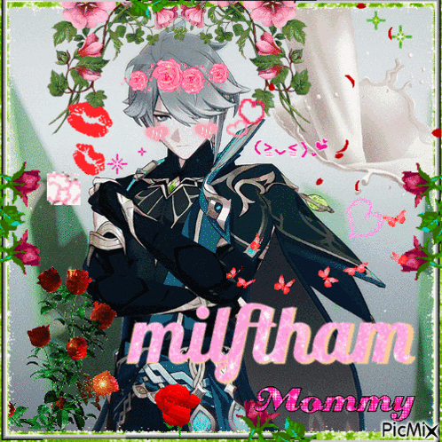 a picture of a man with a flower crown and the name milfham