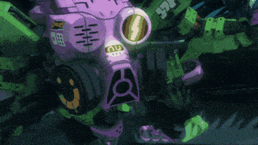 a green and purple robot with a purple gas mask
