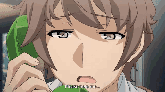 a person talking on a phone with the words please help me written below them