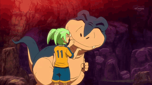 a cartoon character with the number 11 on his shirt is standing next to a dinosaur