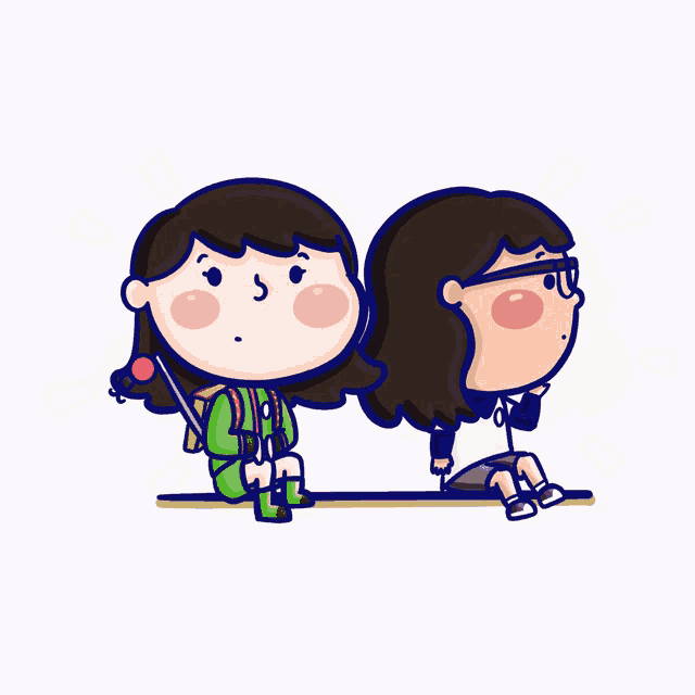 a cartoon drawing of two girls one wearing glasses and the other wearing a green outfit