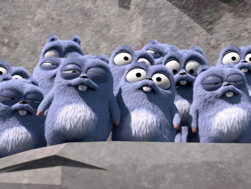 a group of cartoon ground squirrels are standing on a rock
