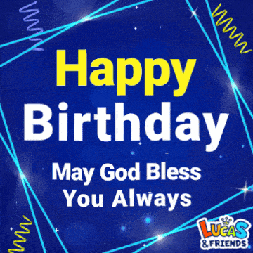 lucas and friends wishes a happy birthday with a blue background