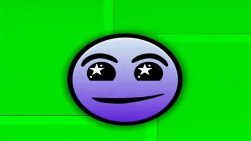 a purple smiley face with a star in its eyes is smiling on a green background .