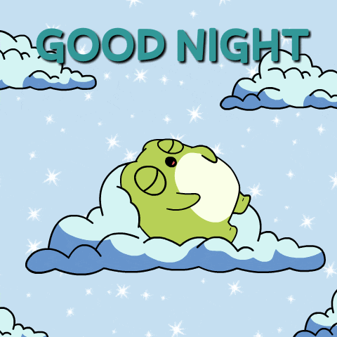 a frog sleeping on a cloud with the words good night above it