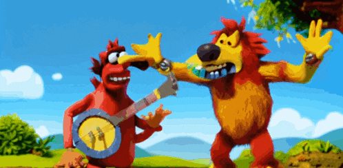 a cartoon of a lion playing a banjo and another lion holding a watch