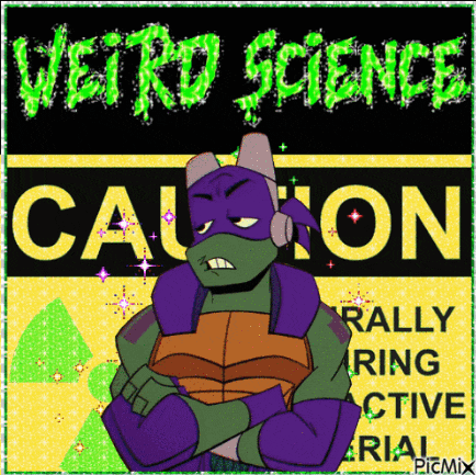 a teenage mutant ninja turtle stands in front of a sign that says caution