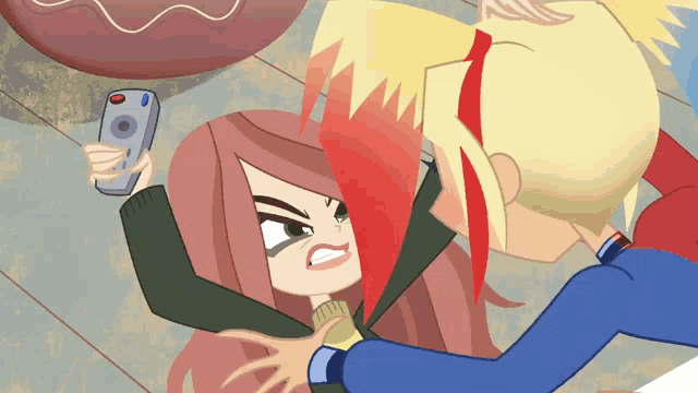 a cartoon drawing of a girl with red hair holding a remote