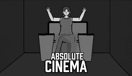 a cartoon of a woman sitting in a chair with the words absolute cinema written above her
