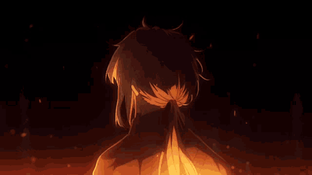 a person with a ponytail is standing in the dark with fire behind them