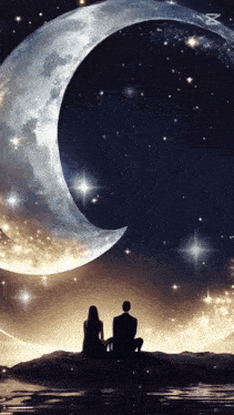 a man and a woman sitting under a crescent moon