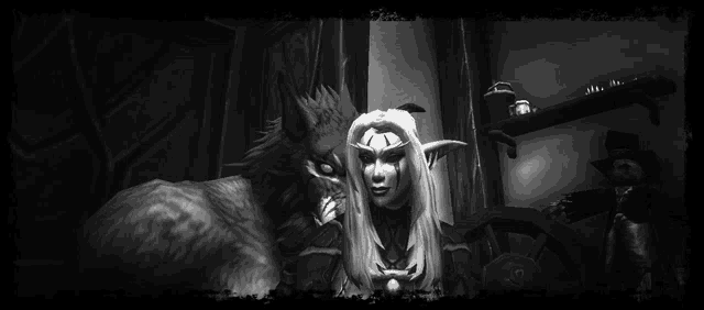 a black and white photo of a woman standing next to a werewolf .