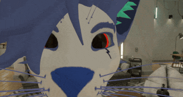 a computer generated image of a blue and white animal with red eyes