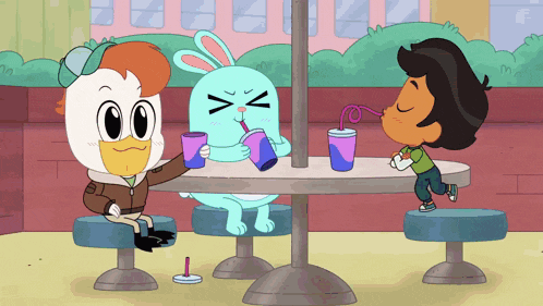 a cartoon of a duck a rabbit and a boy sitting at a table drinking drinks
