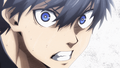 a close up of a person 's face with big blue eyes