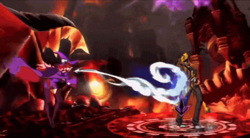 a video game scene with a purple and blue monster