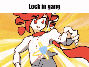 a cartoon character with red hair and the words lock in gang on the bottom