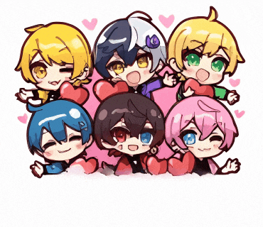 a group of anime characters are posing for a picture with hearts in their hands