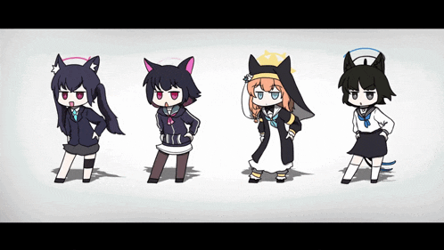 four cartoon characters are standing next to each other with their hands on their hips